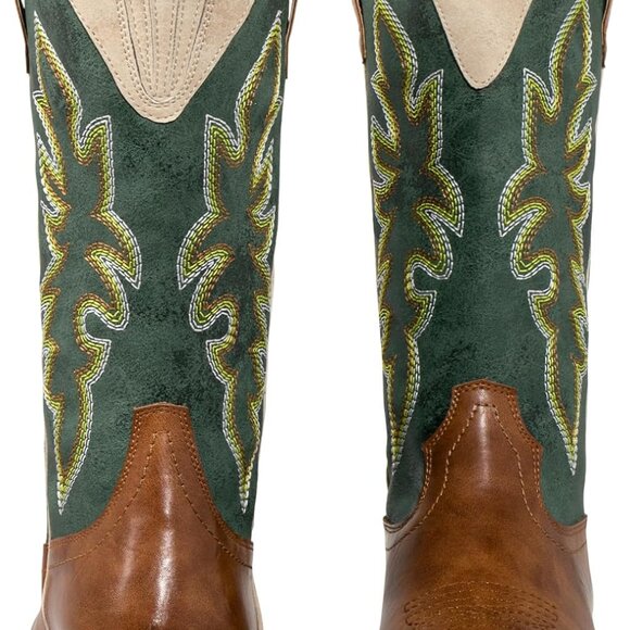 Women’s Faux Leather Cowboy Boots Wide Calf Square Toe Chunky Heel - Picture 4 of 9